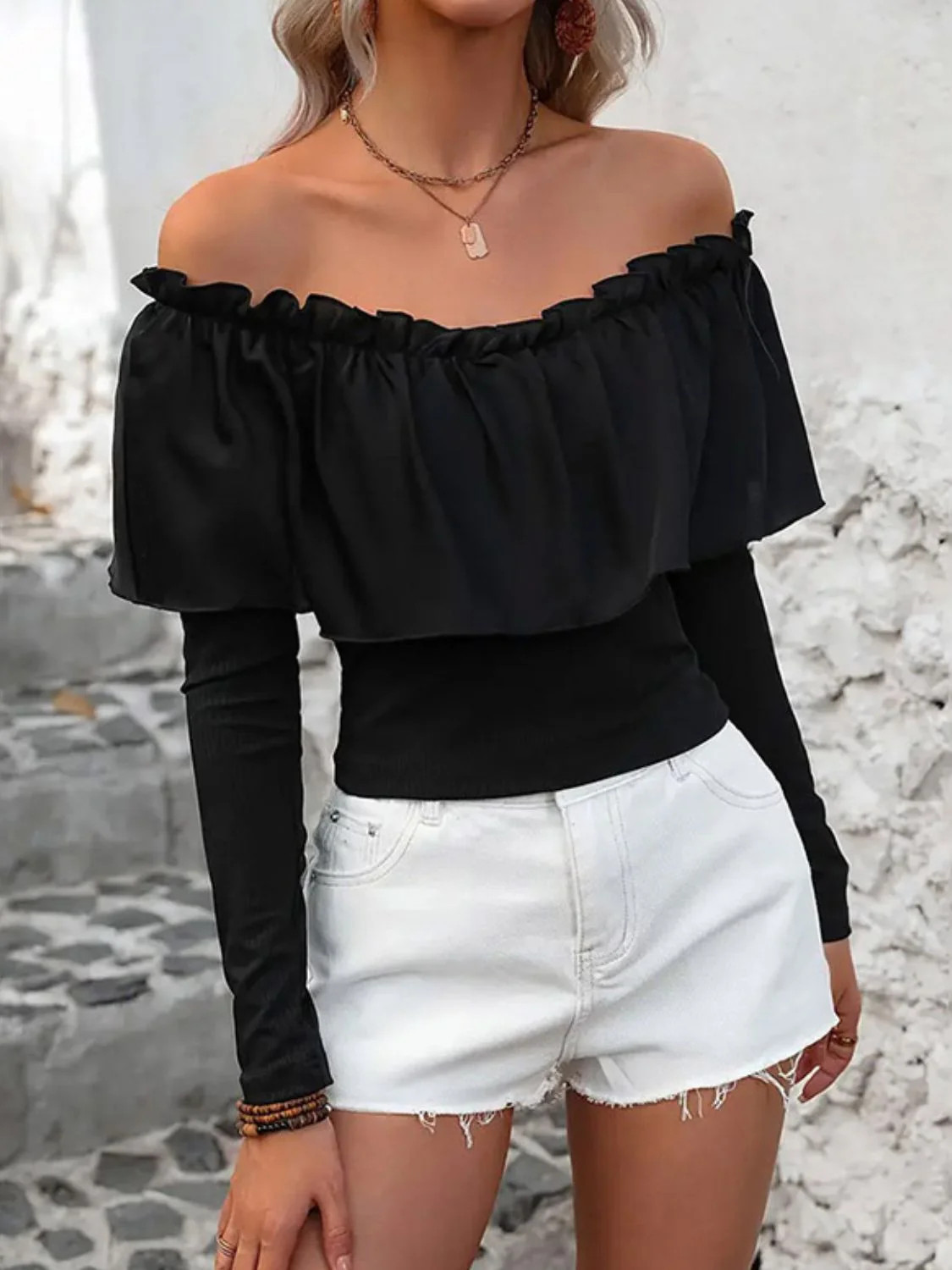 Ruffled Off-Shoulder Long Sleeve Blouse L | Casual Chic Boutique