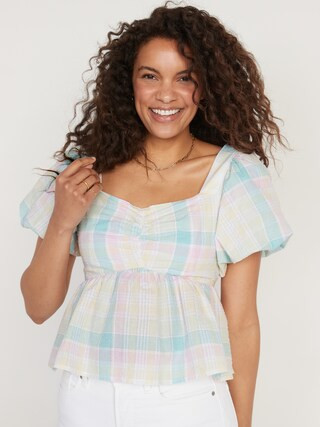Puff-Sleeve Smocked Seersucker Babydoll Swing Blouse for Women | Old Navy (US)
