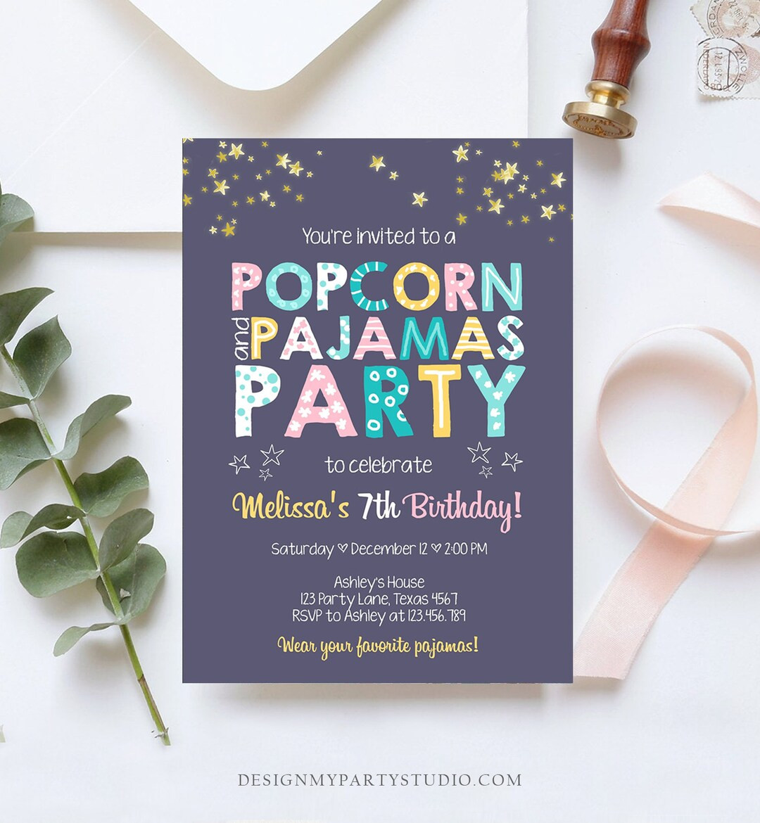 Editable Popcorn and Pajamas Birthday Invitation Movie Night Birthday Party Girl Pink Purple Gree... | Etsy (US)