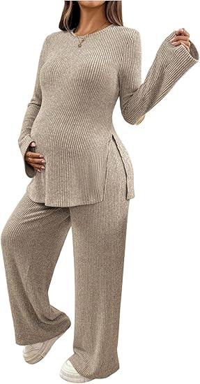 Milumia Women's Maternity Two Piece Outfits Ribbed Long Sleeve Side Slit Top and Legging Pants Ou... | Amazon (US)