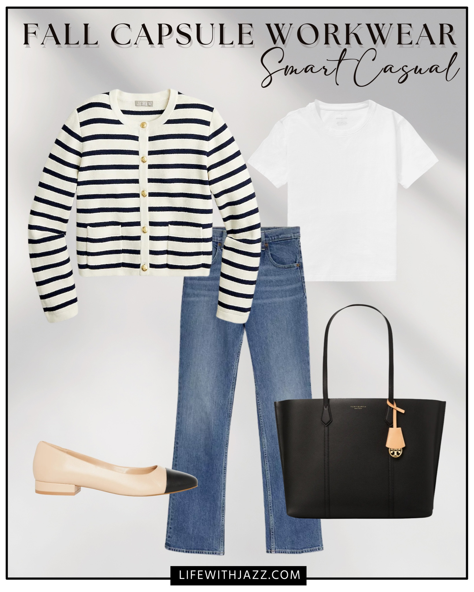 Fall capsule workwear outfit inspo 

Smart casual / workwear / office outfit / sweater jacket / tee / jeans / flats / cap toe flat / tote / Jcrew / everlane / Calvin Klein / Steve Madden / Tory Burch 

#LTKworkwear #LTKstyletip