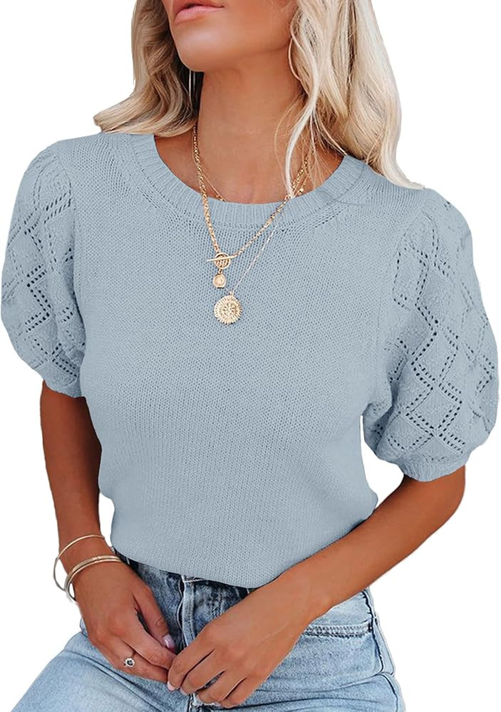 Womens Short Sleeve Sweaters Crewneck Knit Pullover Tops 2024 Spring Casual Lightweight Crochet B... | Amazon (US)