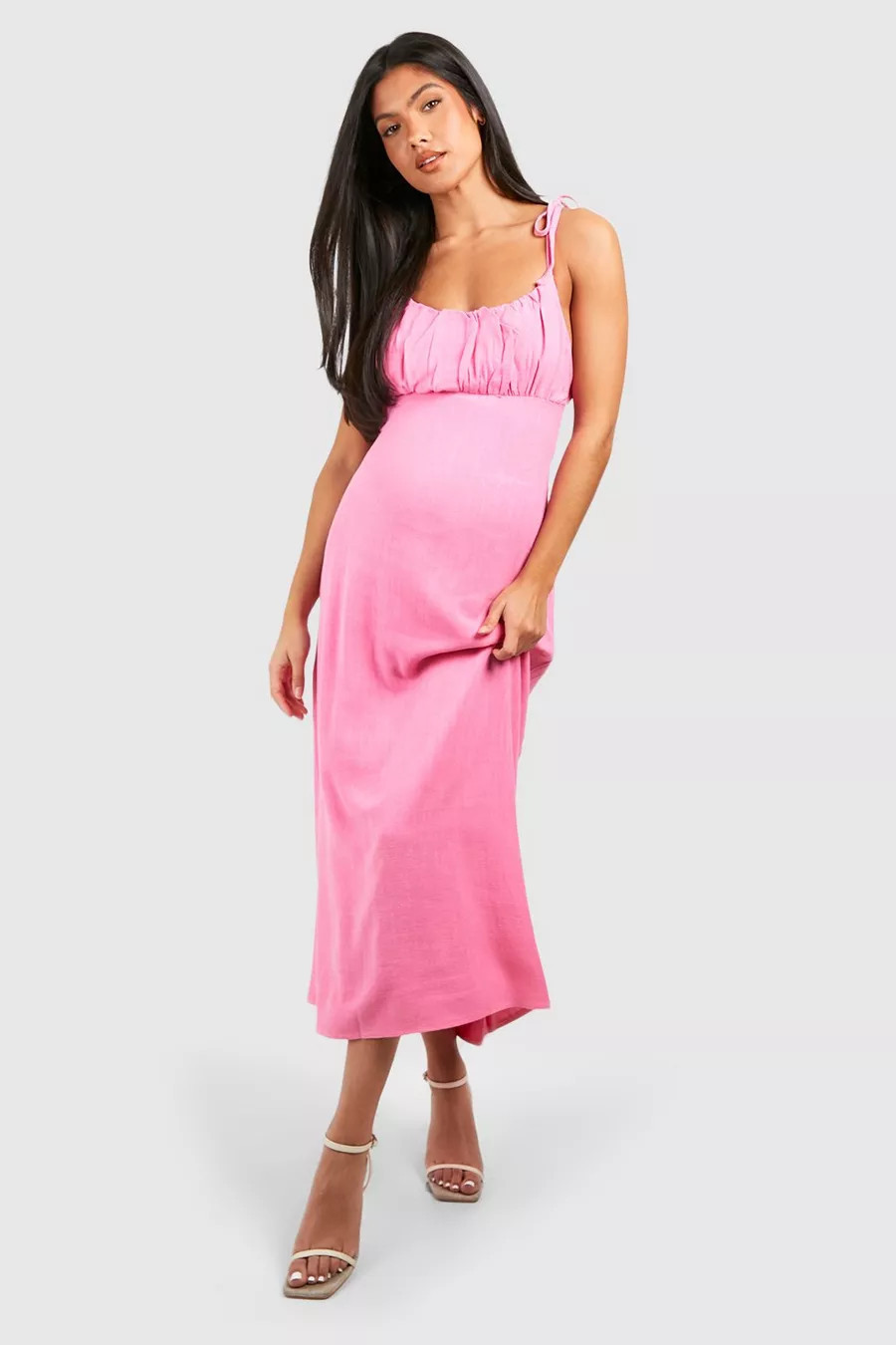 Maternity Linen Look Tie Strap Midi Dress | boohoo (US & Canada)