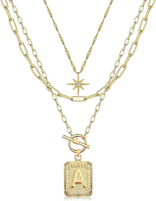 MJartoria Layered Initial Necklaces for Women Trendy, 14K Gold Plated Brass Simple Star Choker Sq... | Amazon (US)
