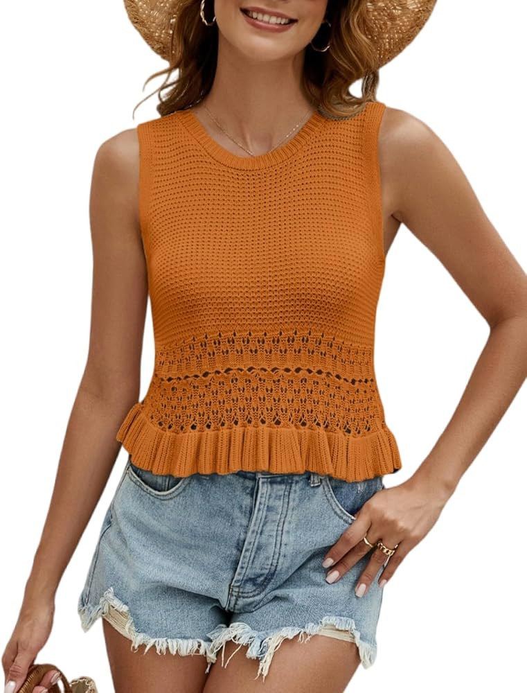 CiCiBird Women Cute Crop Sweaters Vest Knit Sleeveless Pullover Tops Crochet Ruffle Hem Tank | Amazon (US)