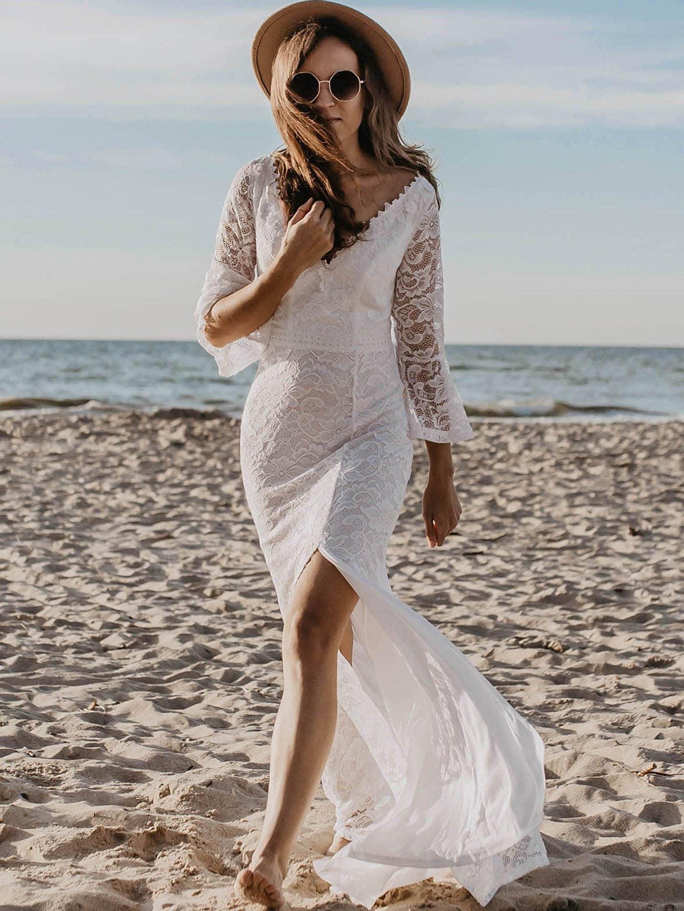 EVER-PRETTY Bell Sleeve Split Fishtail Hem Lace Overlay Dress | SHEIN