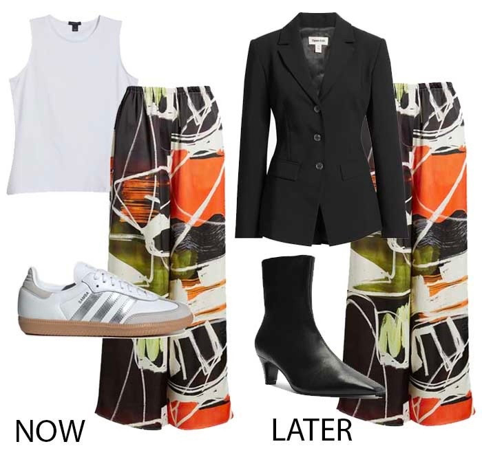 Wear a pair of bold print pants now and later. Wear them now with a tank and sneakers and later with a blazer and ankle boots  

#LTKFindsUnder50 #LTKStyleTip #LTKSeasonal