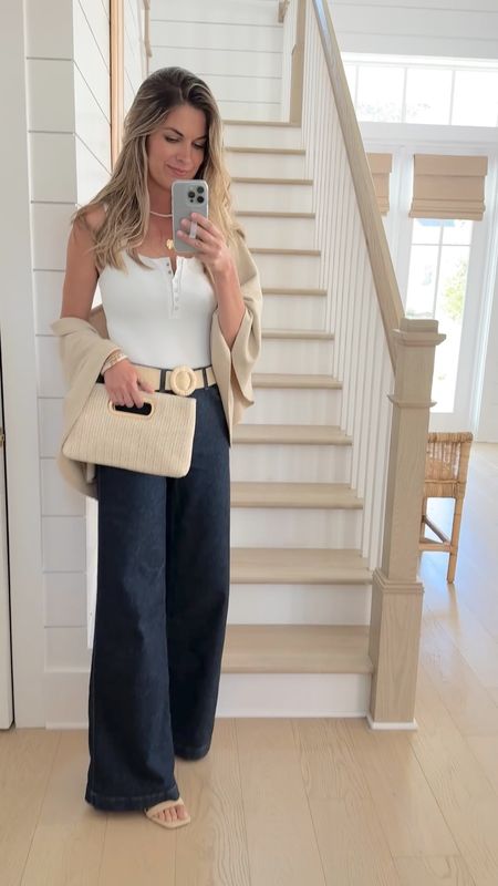Small tall wide leg jeans (I’m 5’11”) use code RACHELXSPANX for a discount.  Linking a similar bodysuit. This wrap is perfect to wear in the evenings when it gets cool!  Sandals true to size. 

#LTKShoeCrush #LTKVideo #LTKOver40