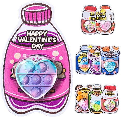Valentines Day Gifts for Kids - 32 Pack Prefilled Heart Pop Fidget Valentines Cards for Kids Clas... | Amazon (US)