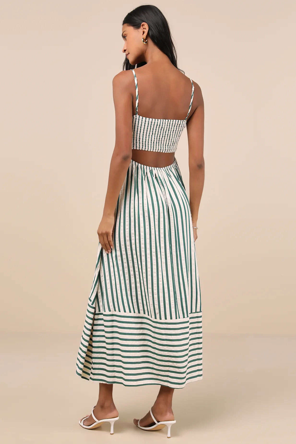 Exceptionally Pristine Green and Cream Striped Cutout Midi Dress | Lulus