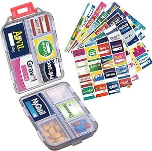 1Pack Travel Pill Organizer & 156 Medicine Name Stickers - 10 Compartments Pill Case, Compact and... | Amazon (US)
