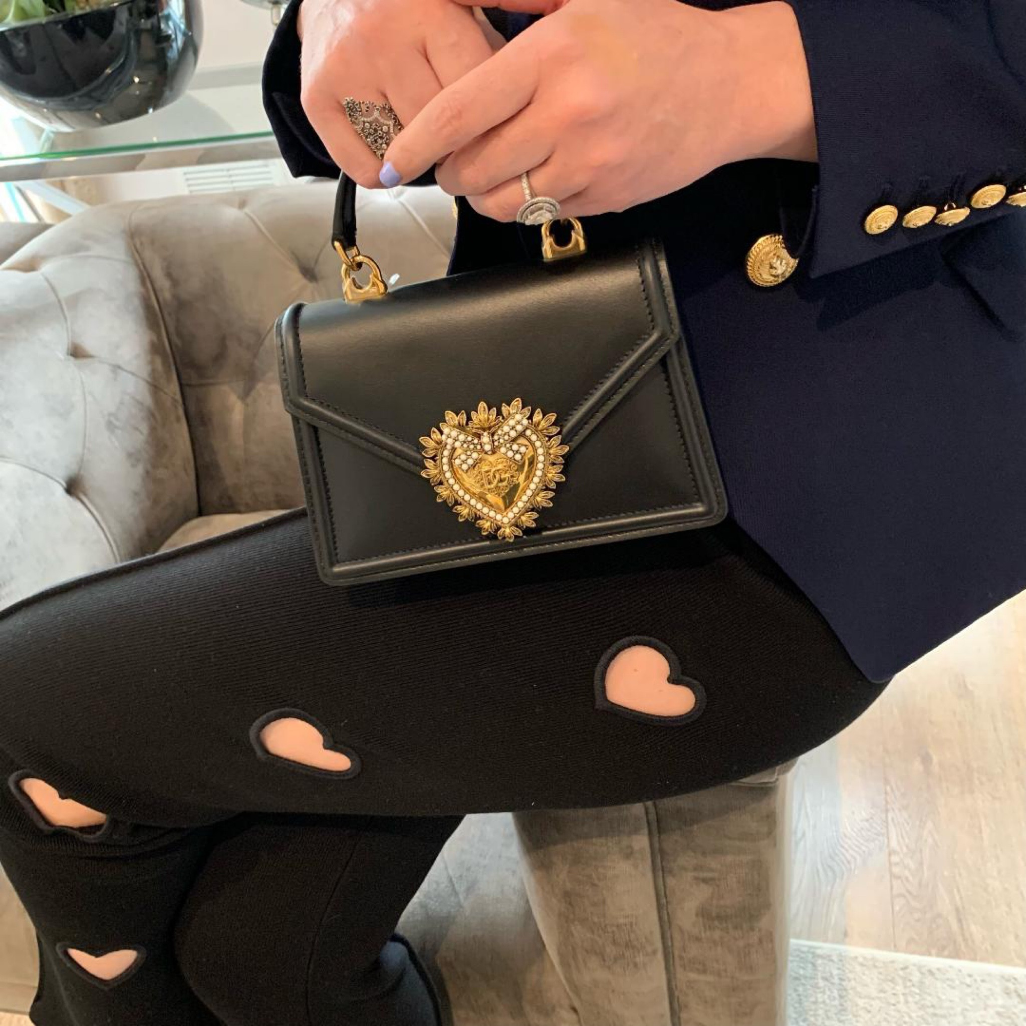 Navy blazer, heart cut out trousers, black mini handbag, Dolce & Gabbana black handbag, devotion top handle bag

#LTKstyletip #LTKitbag #LTKSeasonal