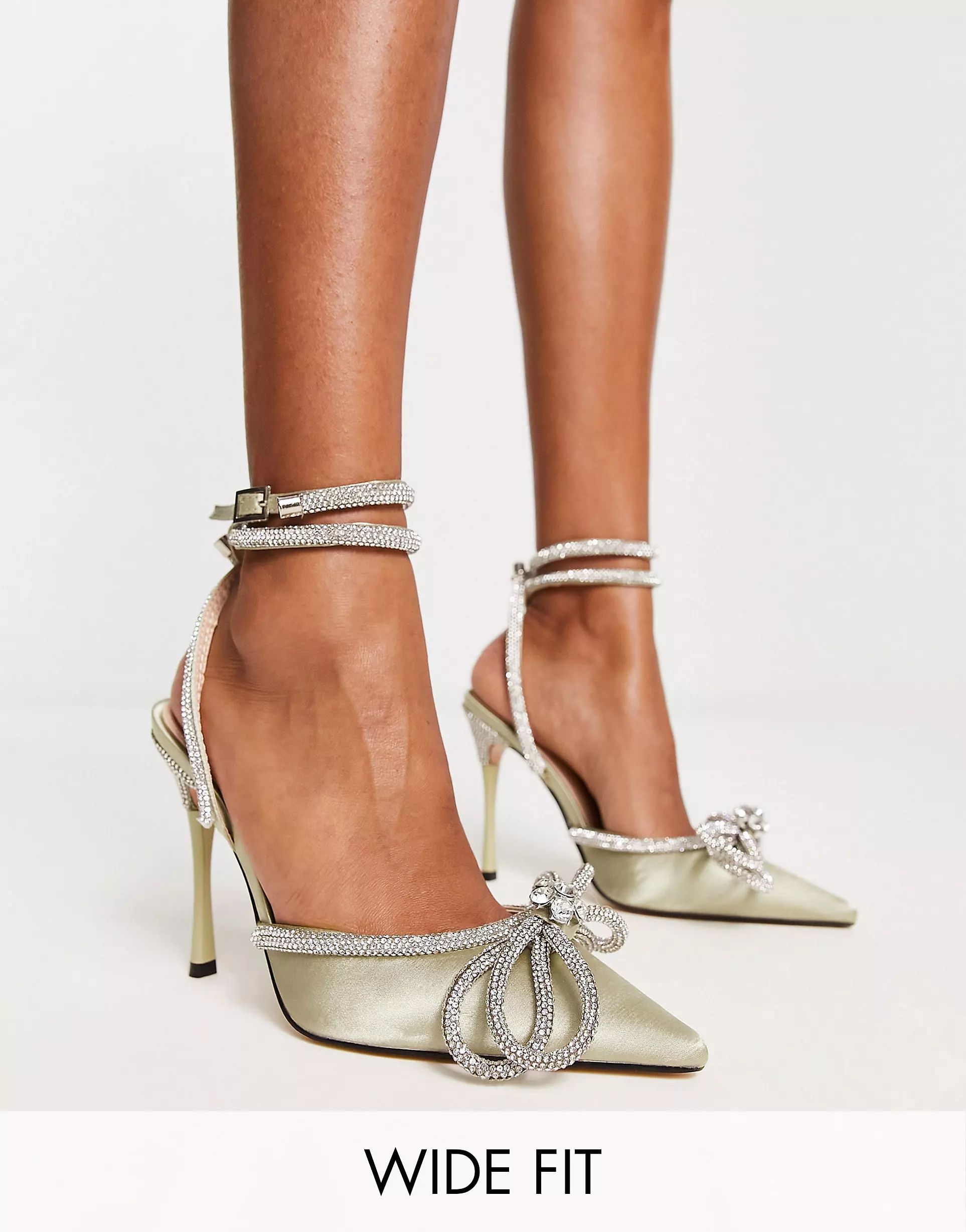Public Desire Exclusive Wide Fit Midnight heeled shoes with diamante bow detail in jade | ASOS (Global)