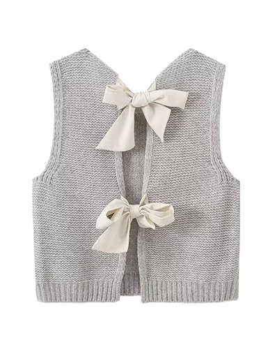 Cioatin Women Cute Bow Tie Open Back Knit Crop Sweater Vest Y2K Sleeveless Round Neck Backless Girls Tank Tops Pullover Heather Gray | Amazon (US)