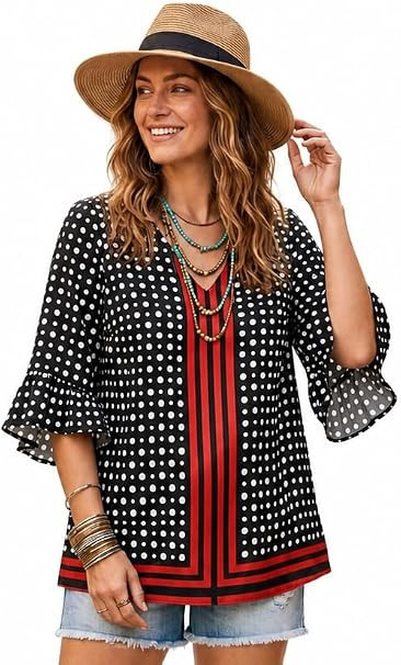 Women's Oversized Chiffon Polka Dot 3/4 Bell Cuff Sleeves V-Neckline Blouse Loose Causal Tops Shi... | Amazon (US)