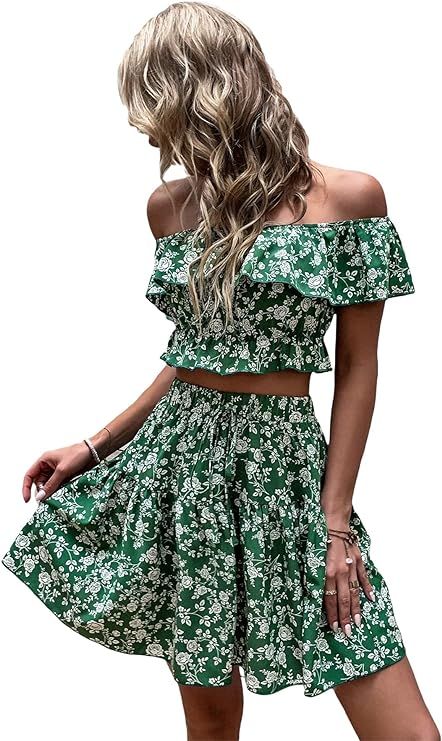 Floerns Women's Summer Square Neck Flounce Sleeve Crop Top with Mini Skirt Set | Amazon (US)