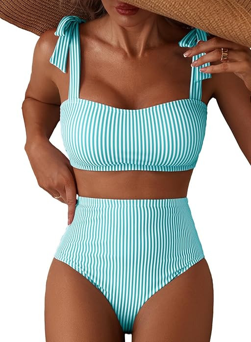 Women's Tie Shoulder Bikini Sets 2 Piece Striped Swimsuits High Waisted Bathing Suits | Amazon (US)