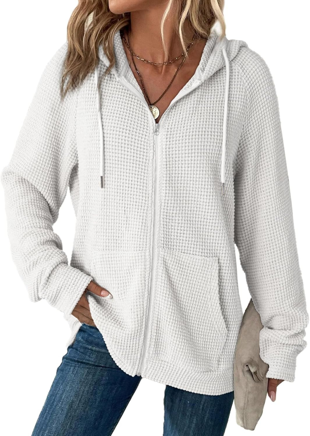 Dokotoo Women's Full Zip Up Hoodies Waffle Knit Long Sleeve Sweatshirt Tops | Amazon (US)
