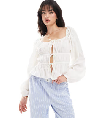 Pimkie ruched square neck tie front top in white | ASOS (Global)