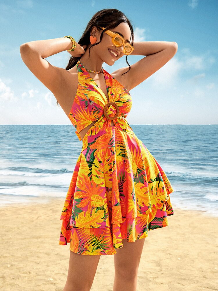 SHEIN VCAY Tropical Print O-ring Detail Layered Hem Tie Backless Halter Dress | SHEIN