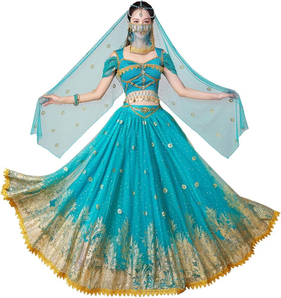 Princess Jasmine Costumes for Women Adult Aladdin Dress UP Halloween Cosplay Belly Dance Outfit | Amazon (US)