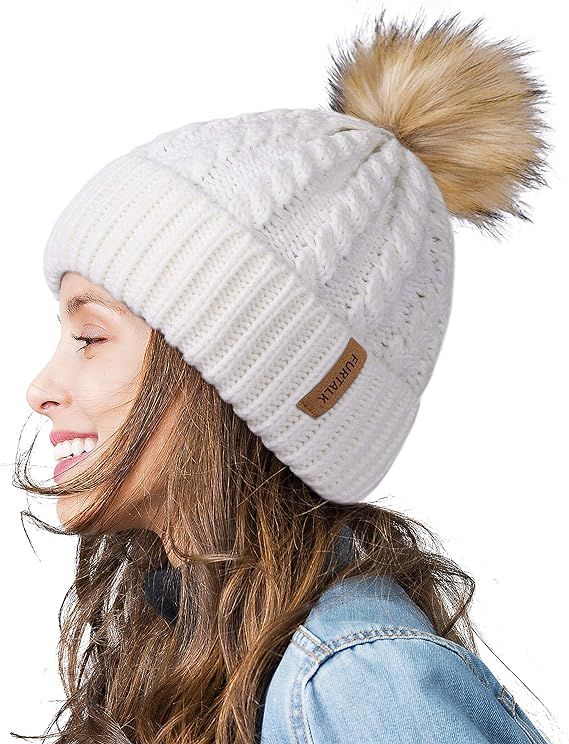 FURTALK Winter Beanie Hat for Women Warm Thick Lining Knit Bobble Skull Cap Big Fur Pom Pom Hats ... | Amazon (US)