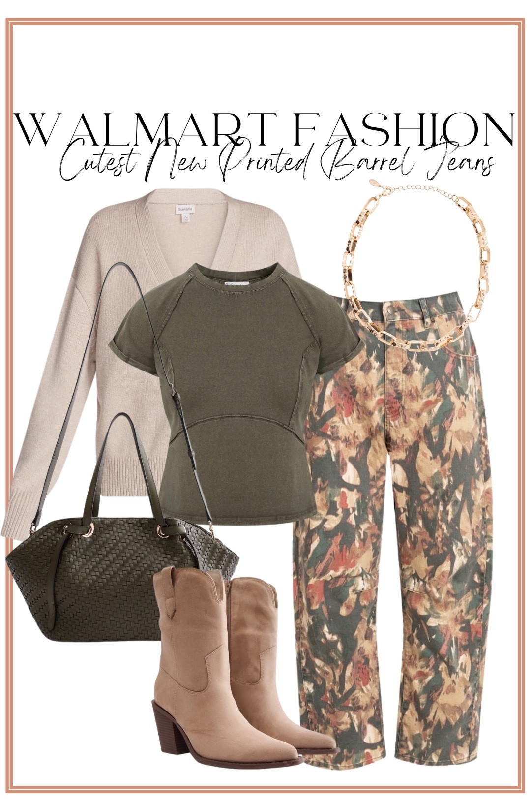 Walmart just dropped the coolest printed barrel jeans! 🍂🤎 I LOVE the colors and print on these—they instantly make a basic outfit feel so much more elevated. Pair them with an olive tee, neutral cardigan, woven bag and western boots for the cutest Walmart fall outfit! This entire look has that effortless, expensive-looking feel without the expensive price tags.

#walmartfashion #walmartfinds #walmartstyle #walmartnewarrivals #walmartoutfit #barreljeans #printedjeans #fallfashion #falloutfit #westernstyle #westernboots #affordablefashion #affordablestyle #womensfashion #outfitideas

#LTKxWalmart #LTKPetite #LTKootd