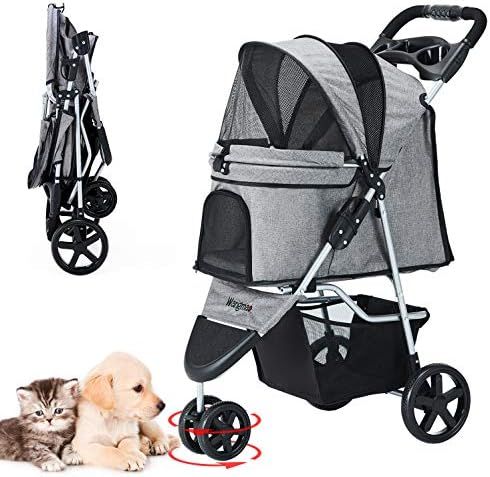 Pet Stroller, Cat Dog Stroller with Storage Basket Foldable Lightweight Dog Carrier Trolley Jogging  | Amazon (US)