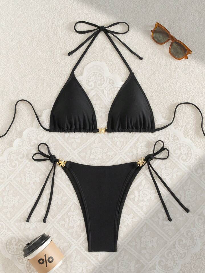 Swim Chiccia Women's Summer Swimsuit Spaghetti Straps Tie-Draw Sexy Black Skinny Holiday Beach Two Pieces Swimsuit | SHEIN