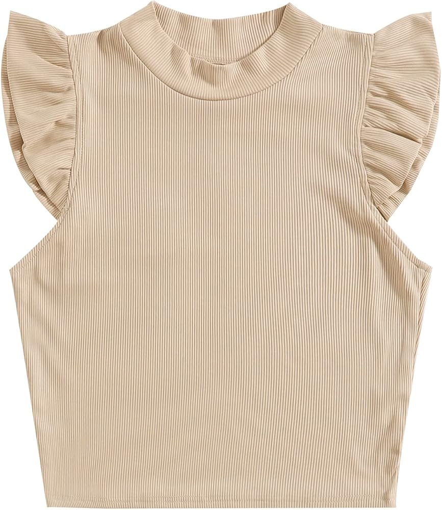 Verdusa Women's Mock Neck Ruffle Sleeve Rib Knit Crop Tank Top | Amazon (US)