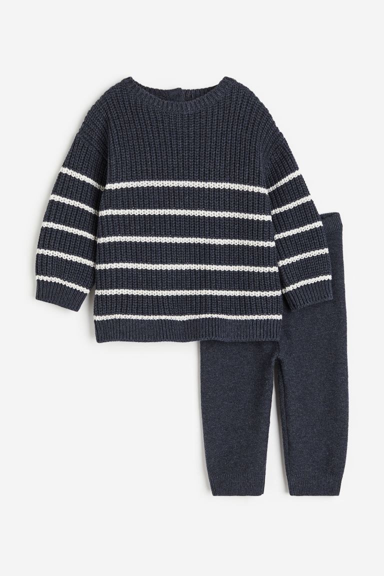2-piece Jacquard-knit Cotton Set - Dark blue/striped - Kids | H&M US | H&M (US + CA)