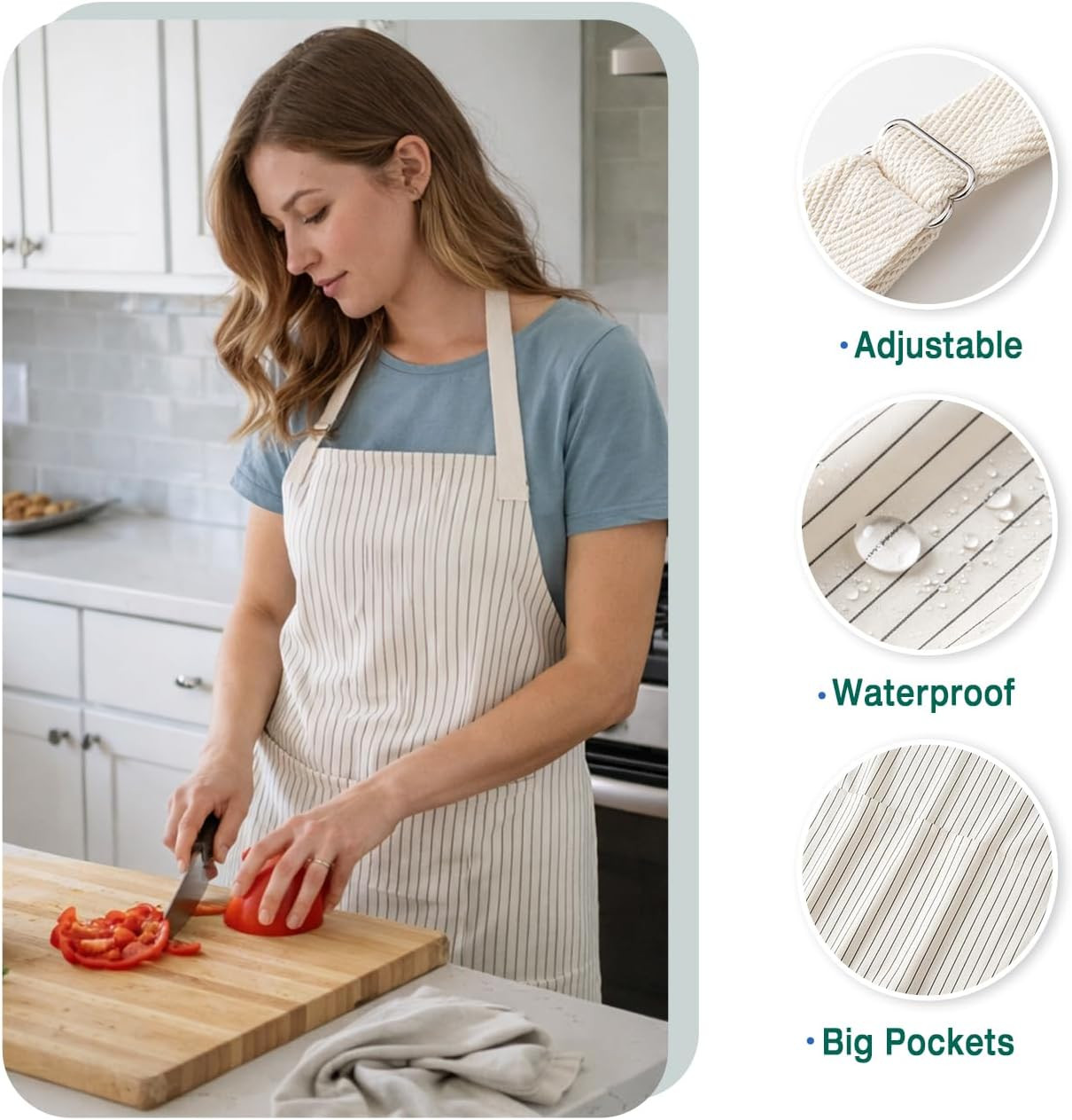 Adjustable Bib Apron for Women Men, 80% Cotton Striped Cooking Apron with Large Pocket, Water Repellent | Amazon (US)