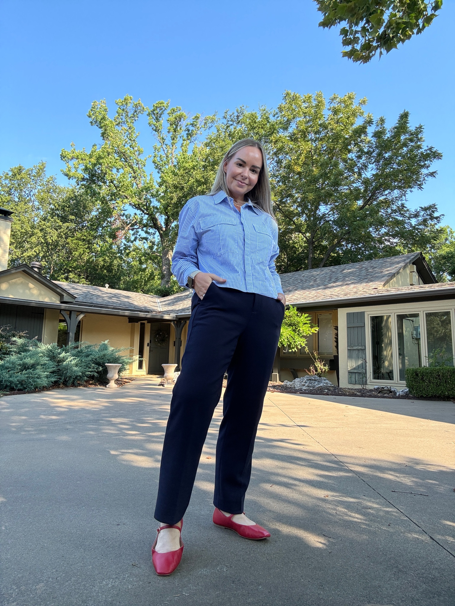 Cropped button up, red ballet flats, navy work pants 