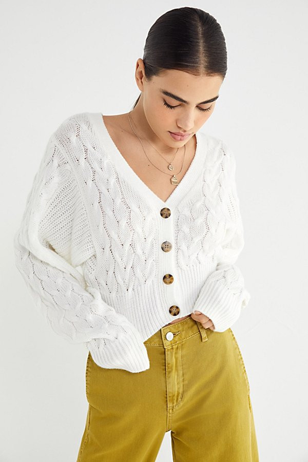 UO Clara Cable Knit Cardigan - White XS at Urban Outfitters | Urban Outfitters (US and RoW)