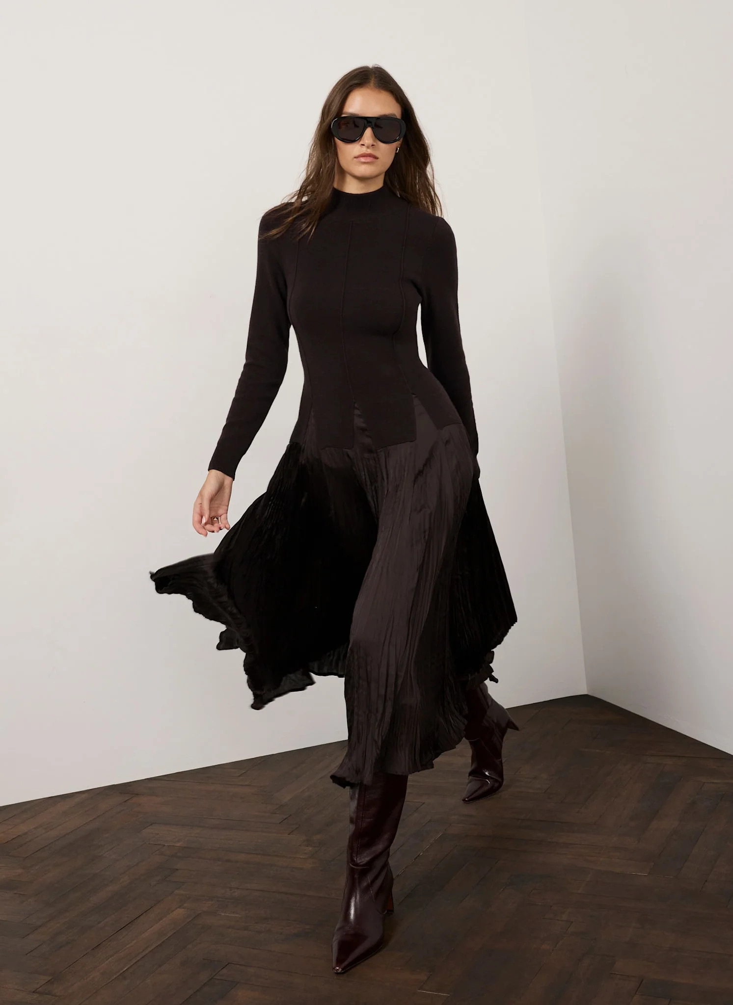 Brown Layered Drop Waist Knit Crinkle Midi Dress | Mint Velvet - ROW