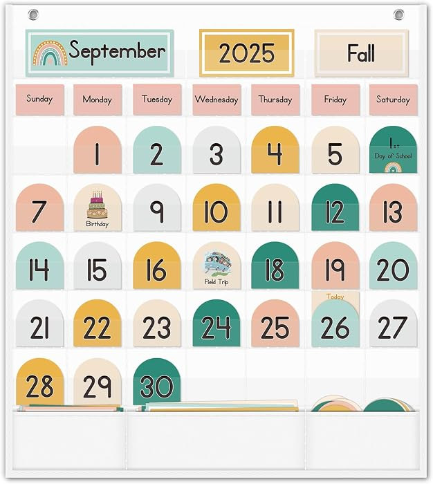Boho Calendar Pocket Chart with 90 Cards for Kids Learning,Classroom and Home School D\u00e9cor,W... | Amazon (US)