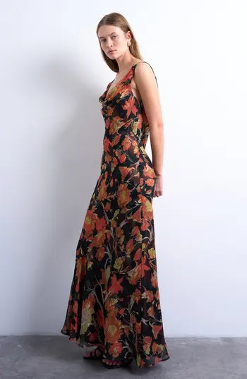 Topshop Floral Cowl Neck Chiffon Maxi Dress in Black Multi at Nordstrom Rack, Size 10 Us (Fits Like 10-12) | Nordstrom Rack