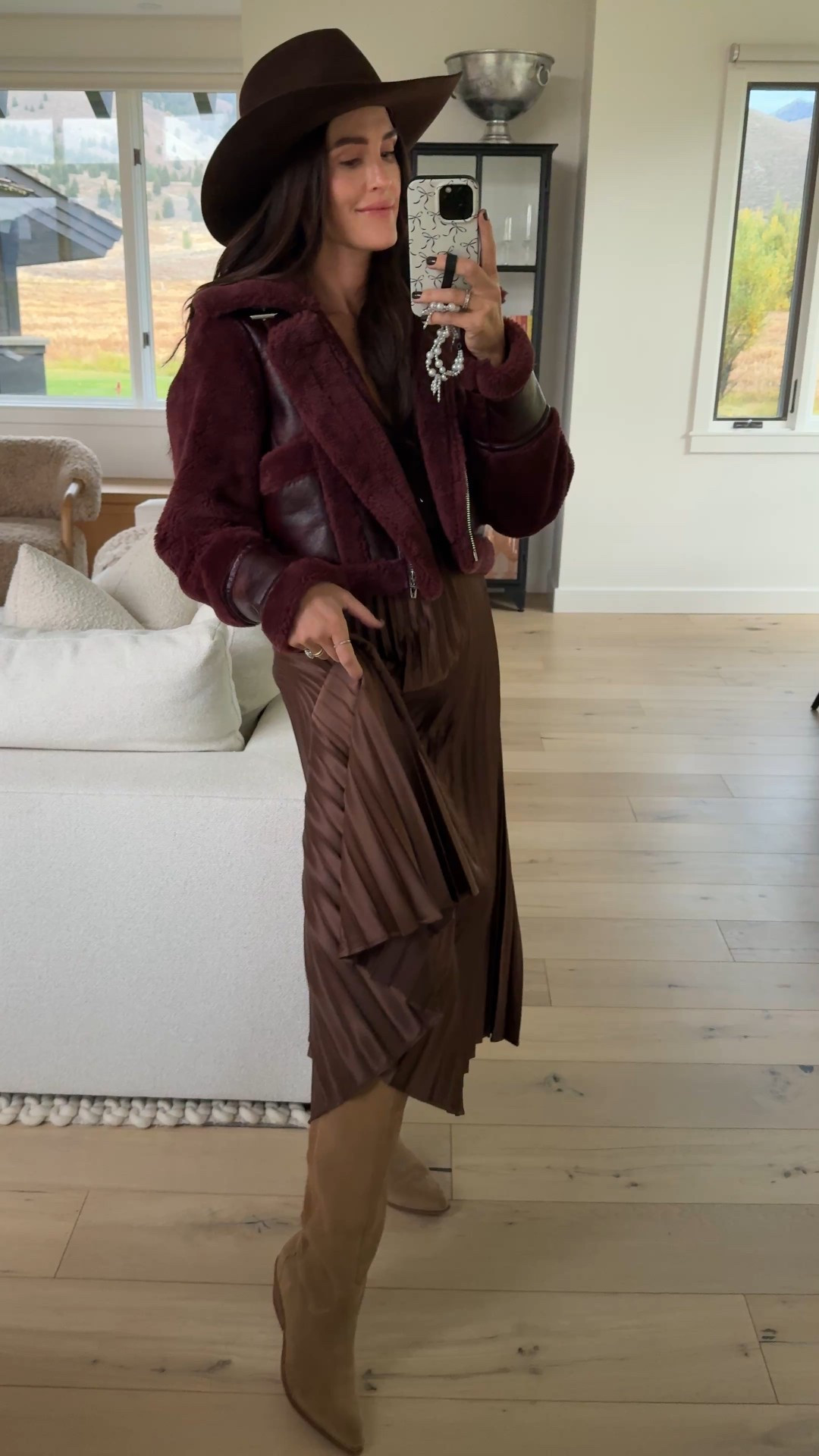 Chocolate brown and burgundy family photos outfit! This is an old silk pleated skirt. Linked some similar options! New cropped wine colored jacket (s) and brown custom cowboy hat🤠 Paired with my favorite suede western boots - fit tts. 

Fall fit
Date night 
Family pictures 

#LTKShoeCrush #LTKStyleTip #LTKSeasonal