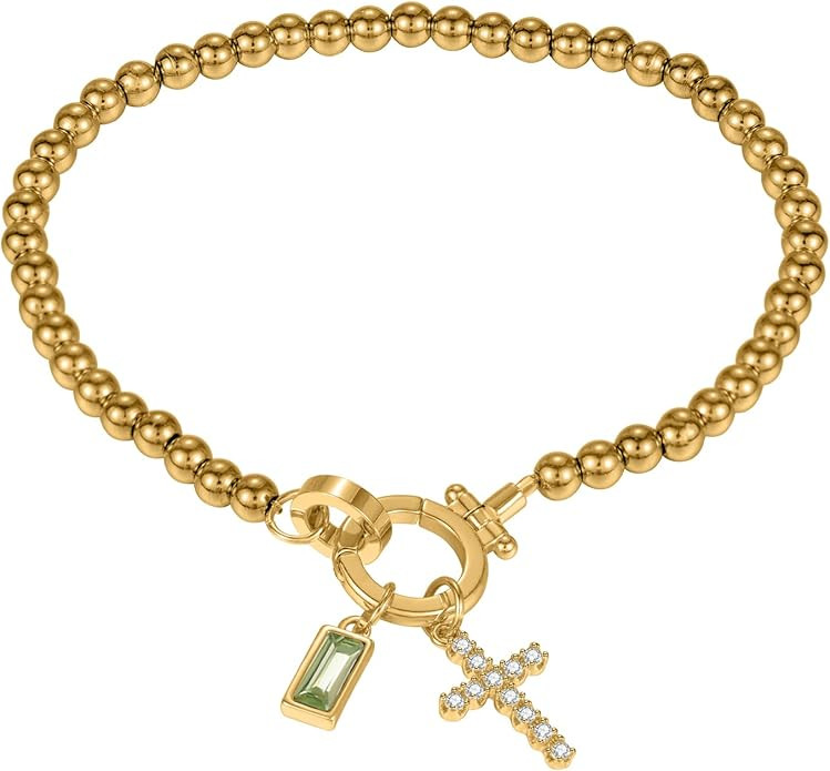 Cross Charm Birthstone Bracelet for Women-18K Gold Plated Stainless Steel Beaded Chain Blue Cryst... | Amazon (US)