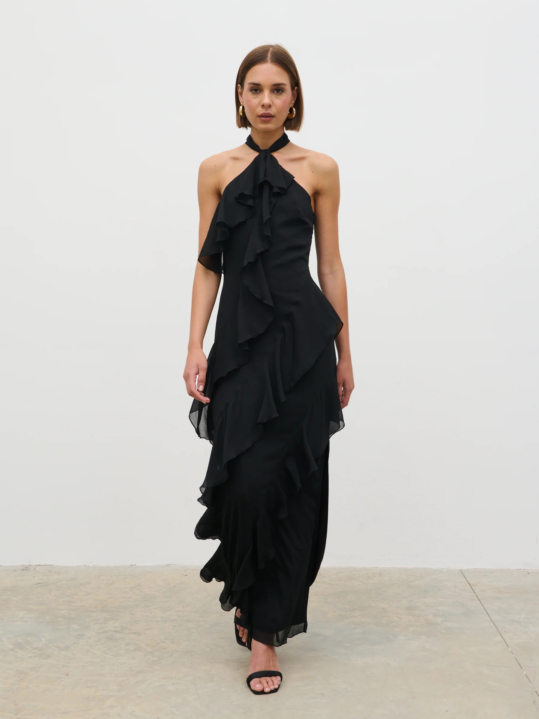 Aria Halter Neck Ruffle Maxi Dress - Black | Pretty Lavish (UK)