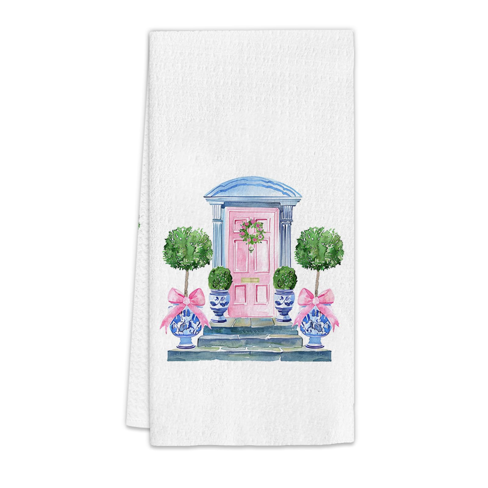Blue and White Chinoiserie Decor Kitchen Towels, Pink Bow Door House Dish Towels, Topiary Tree De... | Amazon (US)