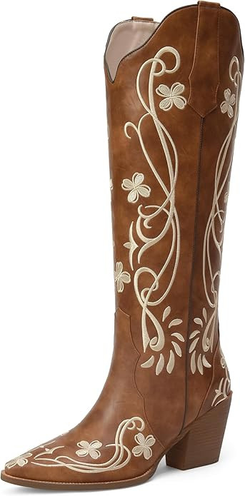 iiimmu Cowgirl Boots Women Knee High Vintage Cowboy Boots with Floral Embroidered Classic Pull On... | Amazon (US)