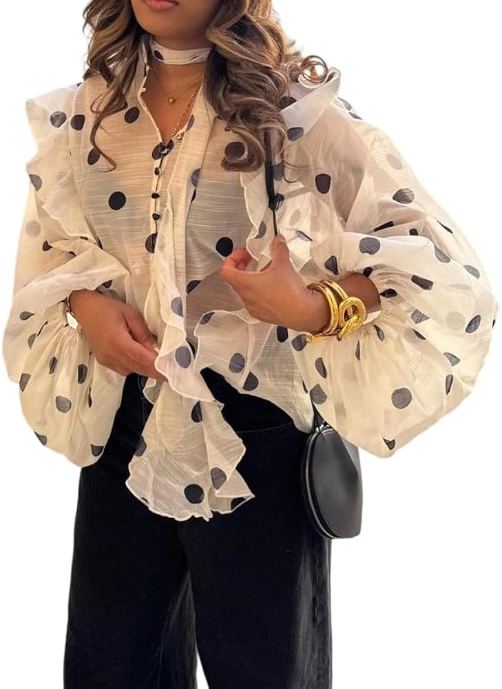 UOOZEE Women's Polka Dot See Through Blouse Long Puff Sleeve Ruffle Sheer Button Up Shirts Tops B... | Amazon (US)