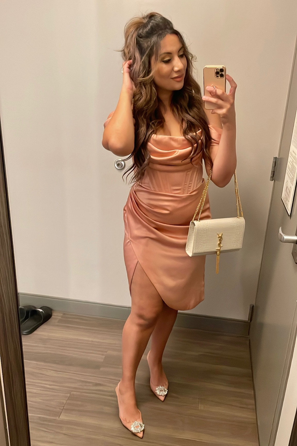 Satin, off the shoulder, ruched, wrap corset knee length dress— perfect formal dress for a special occasion or wedding guest! 
Paired with one of my favorite nude rhinestone slingback kitten heels from Shein & my tassel YSL gold chain bag. 
linked very similar styles to this dress

House of CB
Miss Circle 
Club L London 
Nordstrom 


#LTKwedding #LTKFind #LTKstyletip