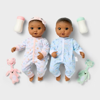 14" Boy Girl Twin Baby Dolls - Dark Brown Hair + Brown Eyes - Gigglescape™: Plush Accessories Set & Outfit | Target