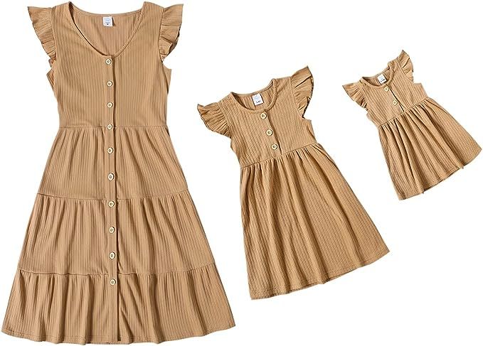 IFFEI Matching Family Dresses Cotton Ruffle Decor Mommy and Me Matching Dress | Amazon (US)