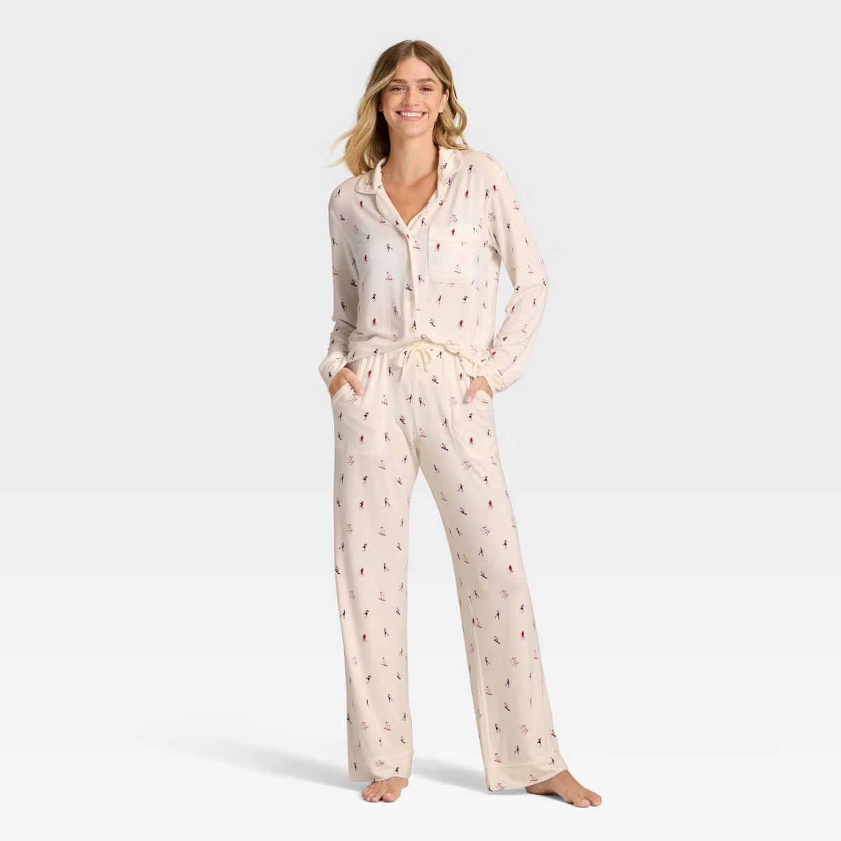 Women's Cloud Knit Modal Long Sleeve Notch Collar Top and Pants Pajama Set - Auden™ | Target