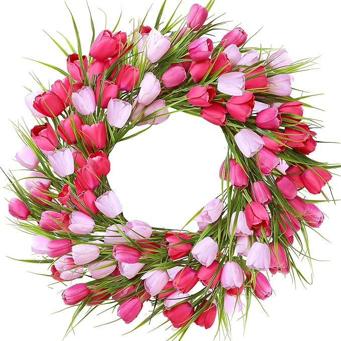 Sggvecsy 20in Tulip Wreath for Front Door Artificial Pink White Flower Wreath Spring Summer Silk ... | Amazon (US)