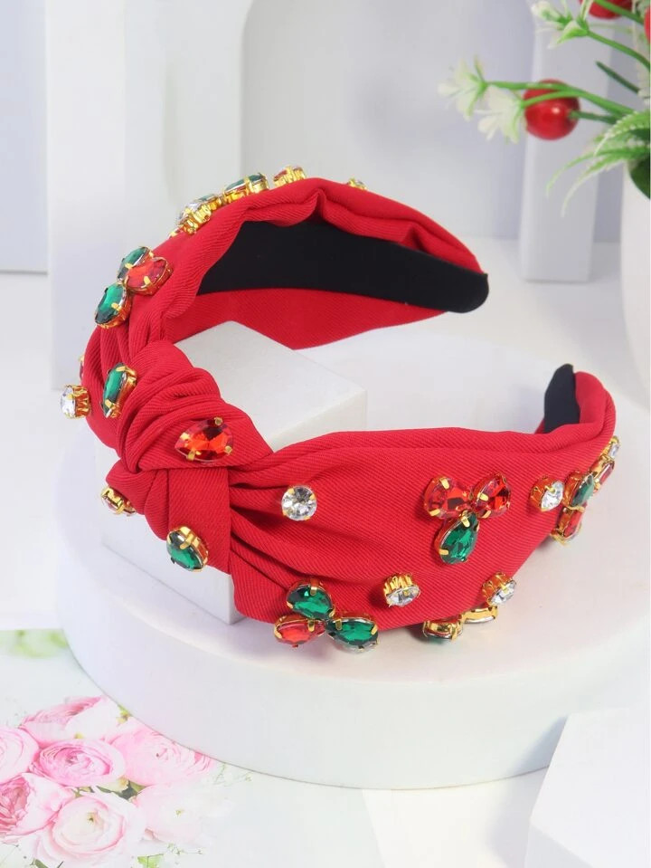 1pc Women's Fabric Wide Band Hair Hoop With Crystal Teardrop Shape, Red And Green Solid Colors | SHEIN