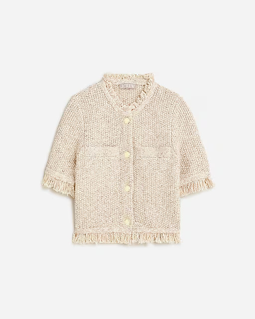 Fringe-trim short-sleeve cropped lady jacket in marled yarn | J. Crew US